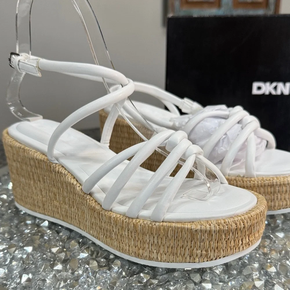DKNY White Strappy Wedge Sandals with Woven espadrille Platform NEW 6.5